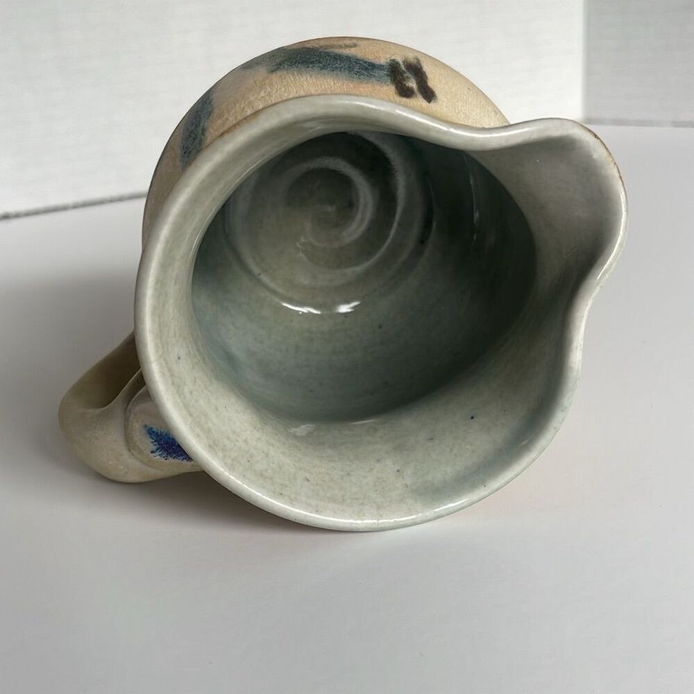 Vintage Mhyren Pottery Pitcher Blue Iris Flower Design Salt Glaze Signed - Picture 2 of 6